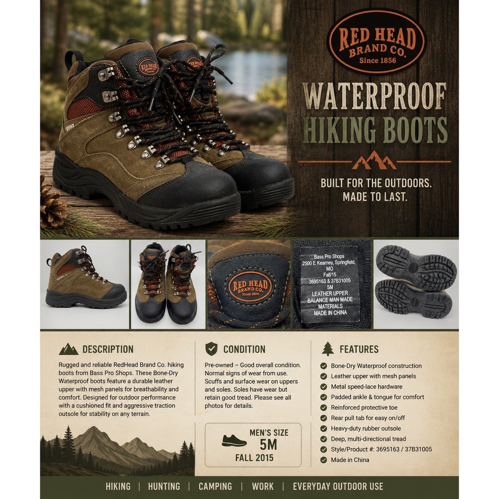RedHead Bone-Dry Men's Waterproof Leather Hiking Boots Brown/Black Size 5M
